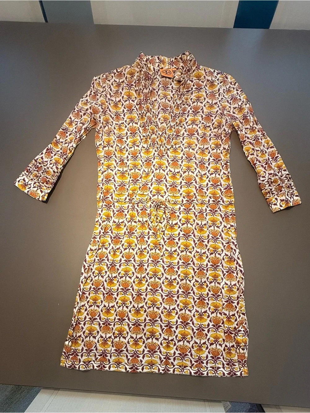 Tory Burch Cotton Mustard Yellow & Burgundy Floral Print Tunic Size 0 XS